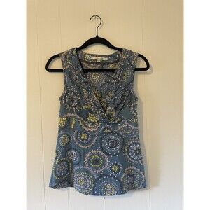 Boden 2/XS Sleeveless Tank/Blouse Blue V-Neck Cotton Boho Retro Artsy Faux-Wrap